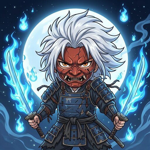 Oni Ronin with blue spirit flame katanas