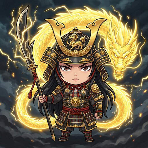 Golden Shogun with a gold lightning naginata and dragon